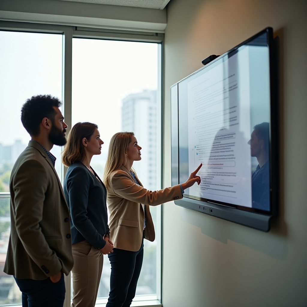 Small group of colleagues gathered around a shared screen discussing a collaborative document