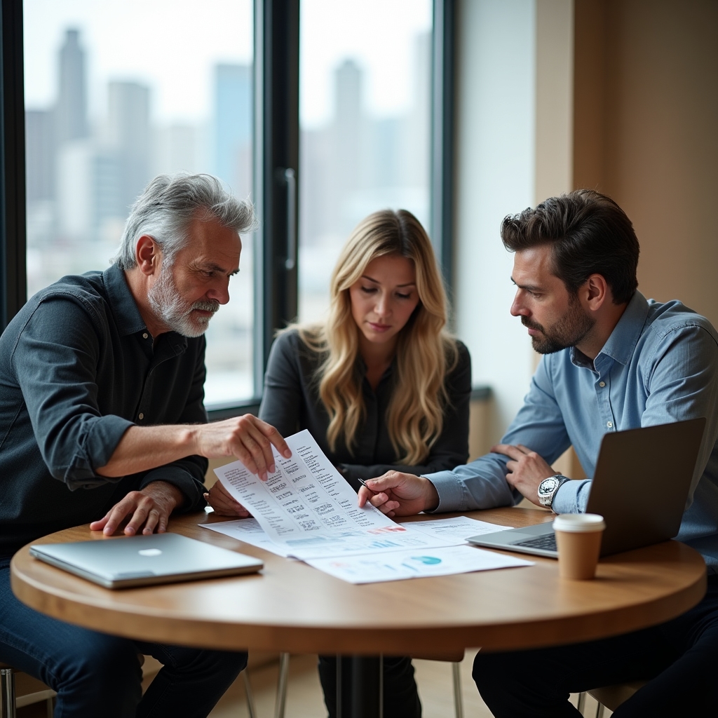 Team members reviewing a printed report together at a table in a bright office